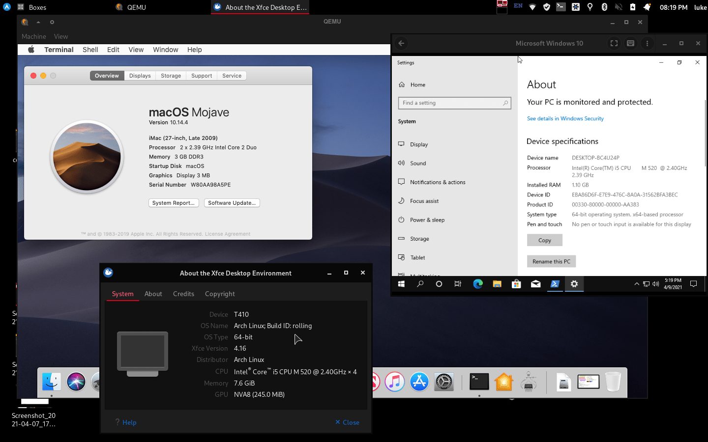 macOS Mojave, Windows 10, and Arch Linux with XFCE showing their About dialogs